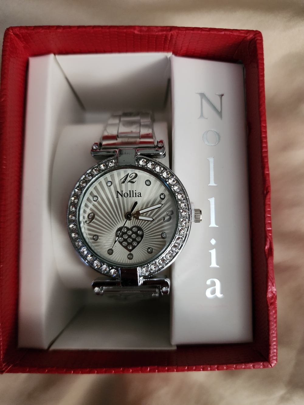 Nollia Silver Women's Crystal Heart Accent Watch